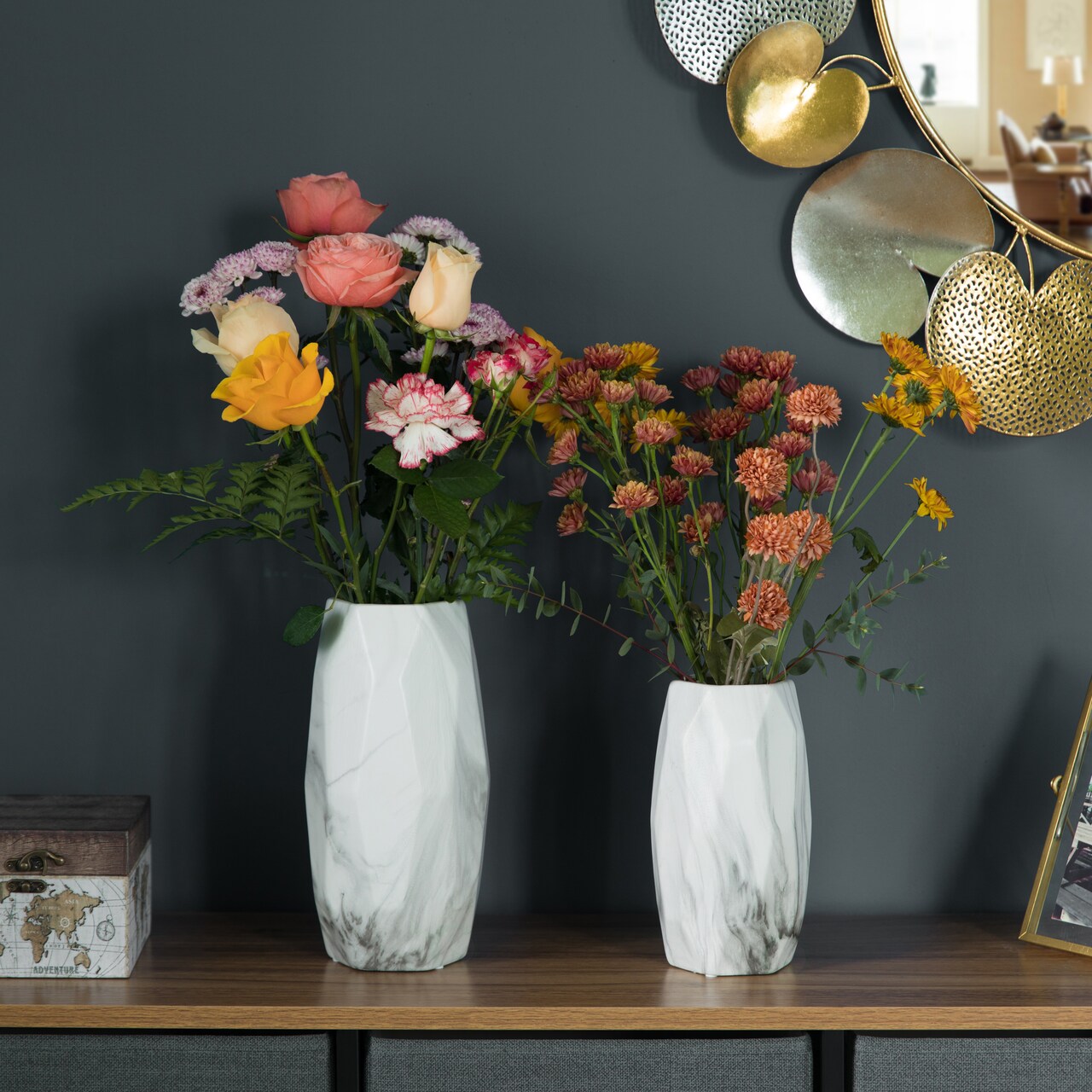 Ceramic Table Vase Featuring a Marble Look Design and Geometric Shape, Ideal as a Flower Holder or Decorative Accent for Home Decor in The Living Room, Bedroom, Office, or Dining Table